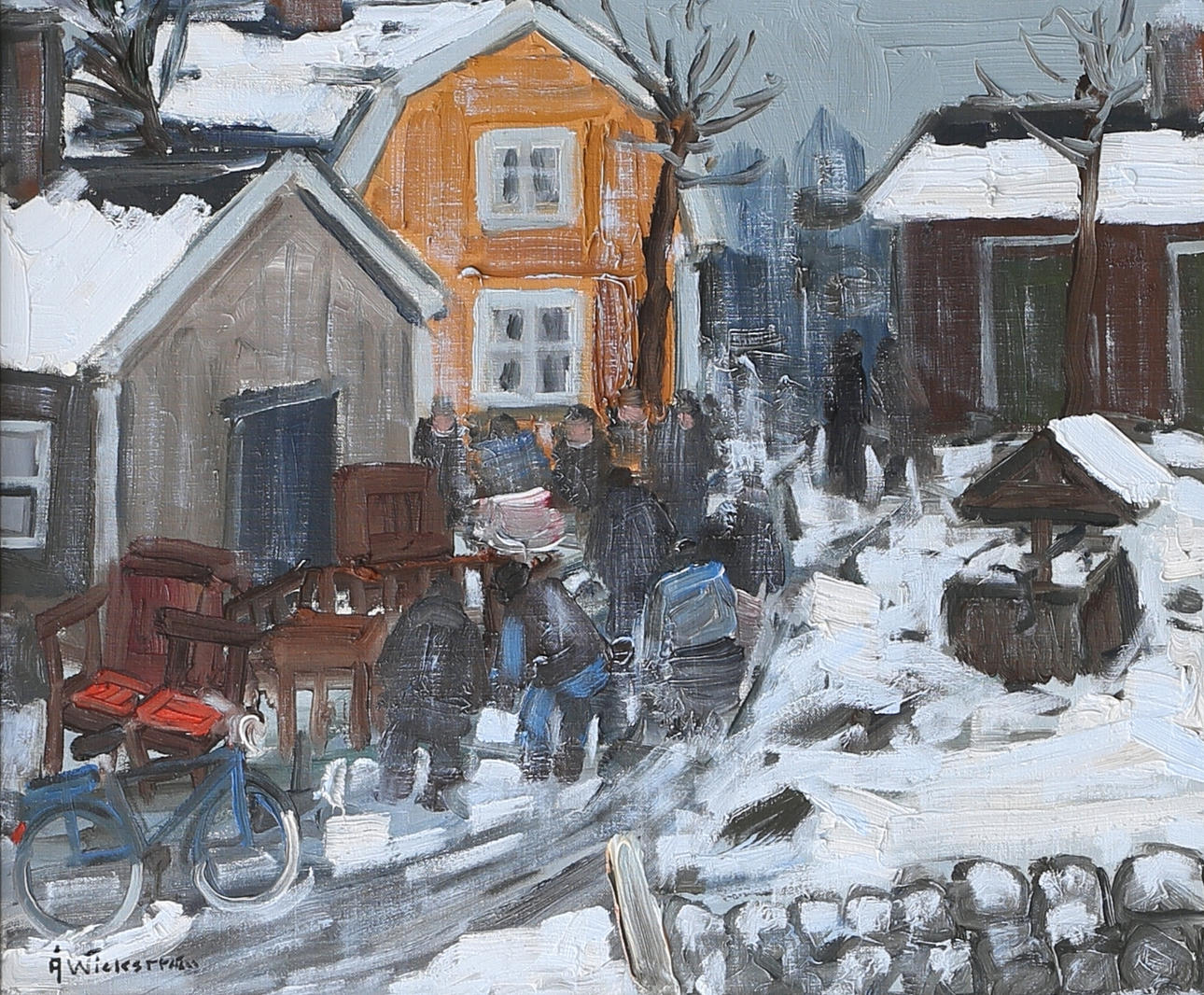 ÅKE WICKSTRÖM. Gårdsauktion. Olja på duk, signerad.