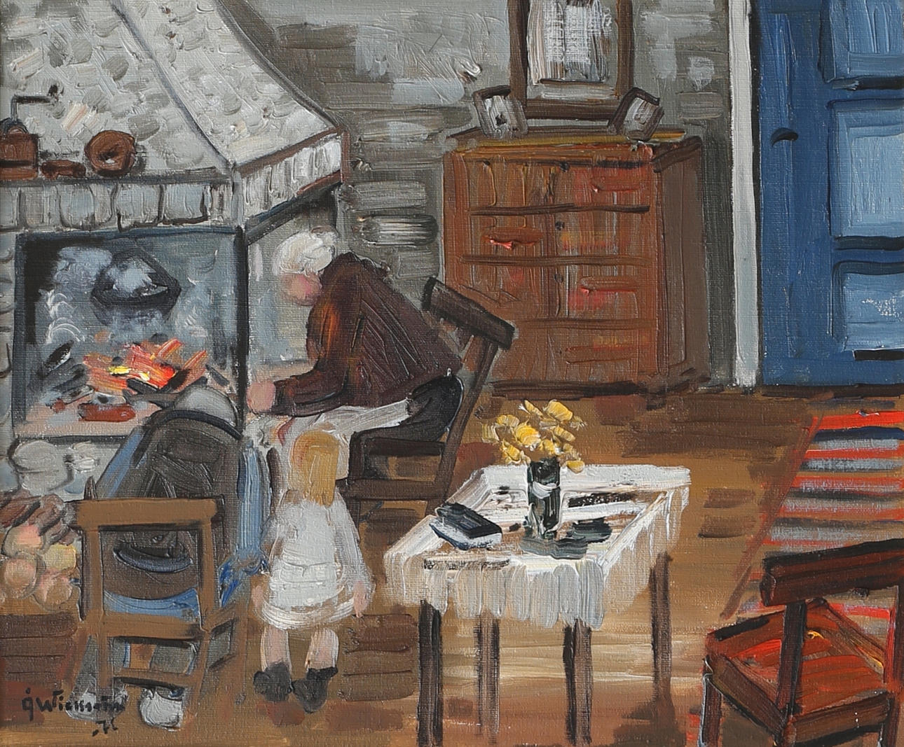ÅKE WICKSTRÖM. "Hos farmor". Olja på duk, signerad och daterad -71.