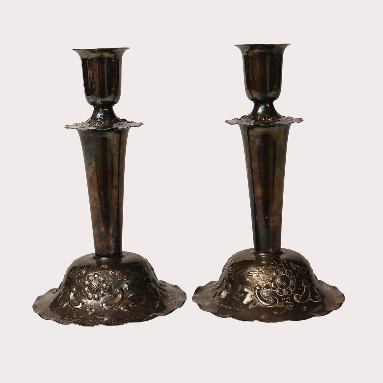 CANDLESTICKS, silver, engraved.