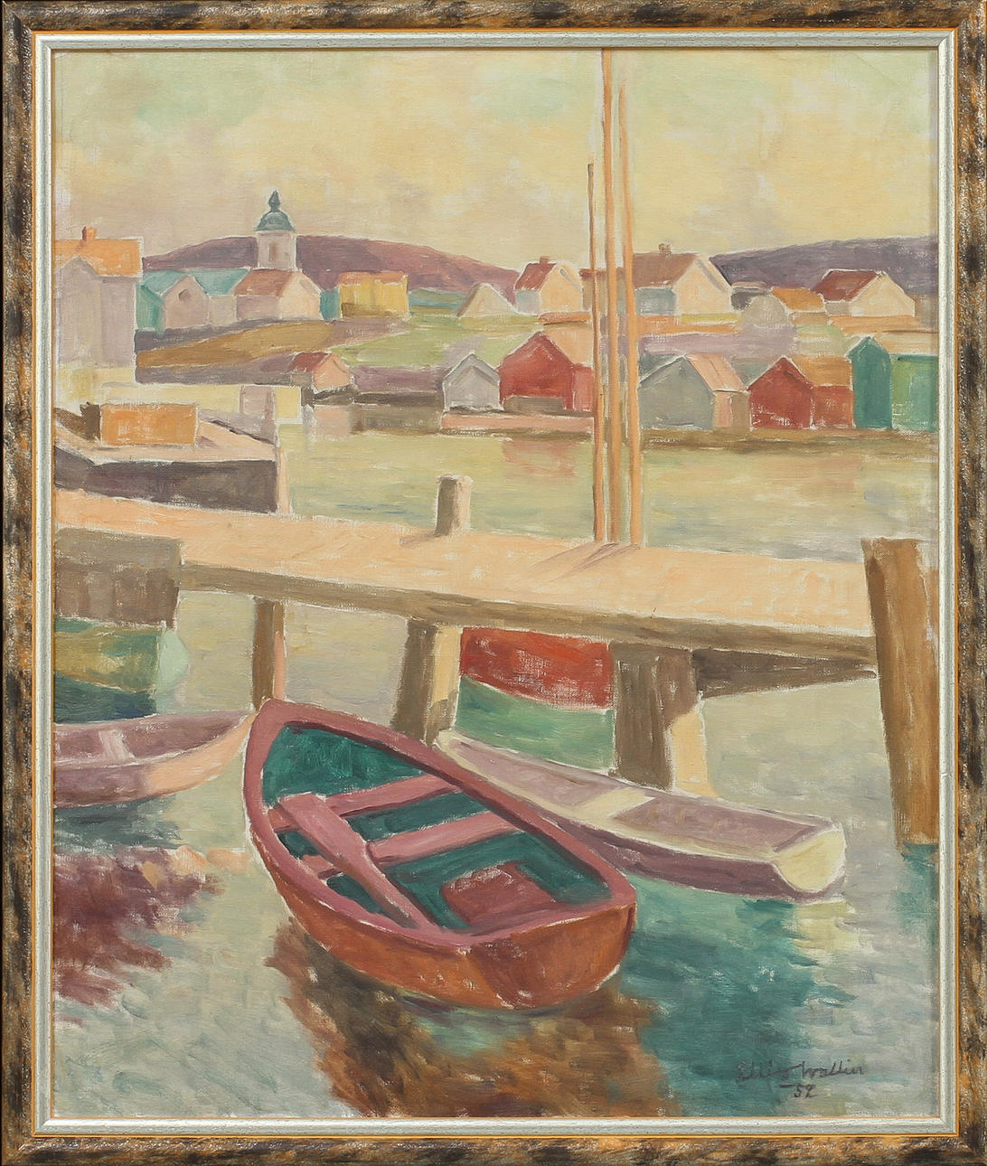 ELLIS WALLIN. "Båtar vid långbryggan", olja på duk, sign o dat 54.