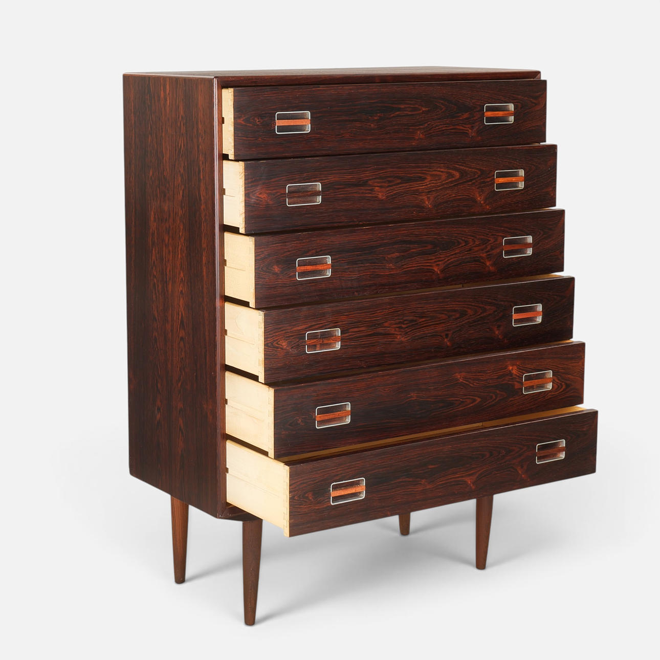 Rosewood chest of drawers, front with six drawers with steel handles ...