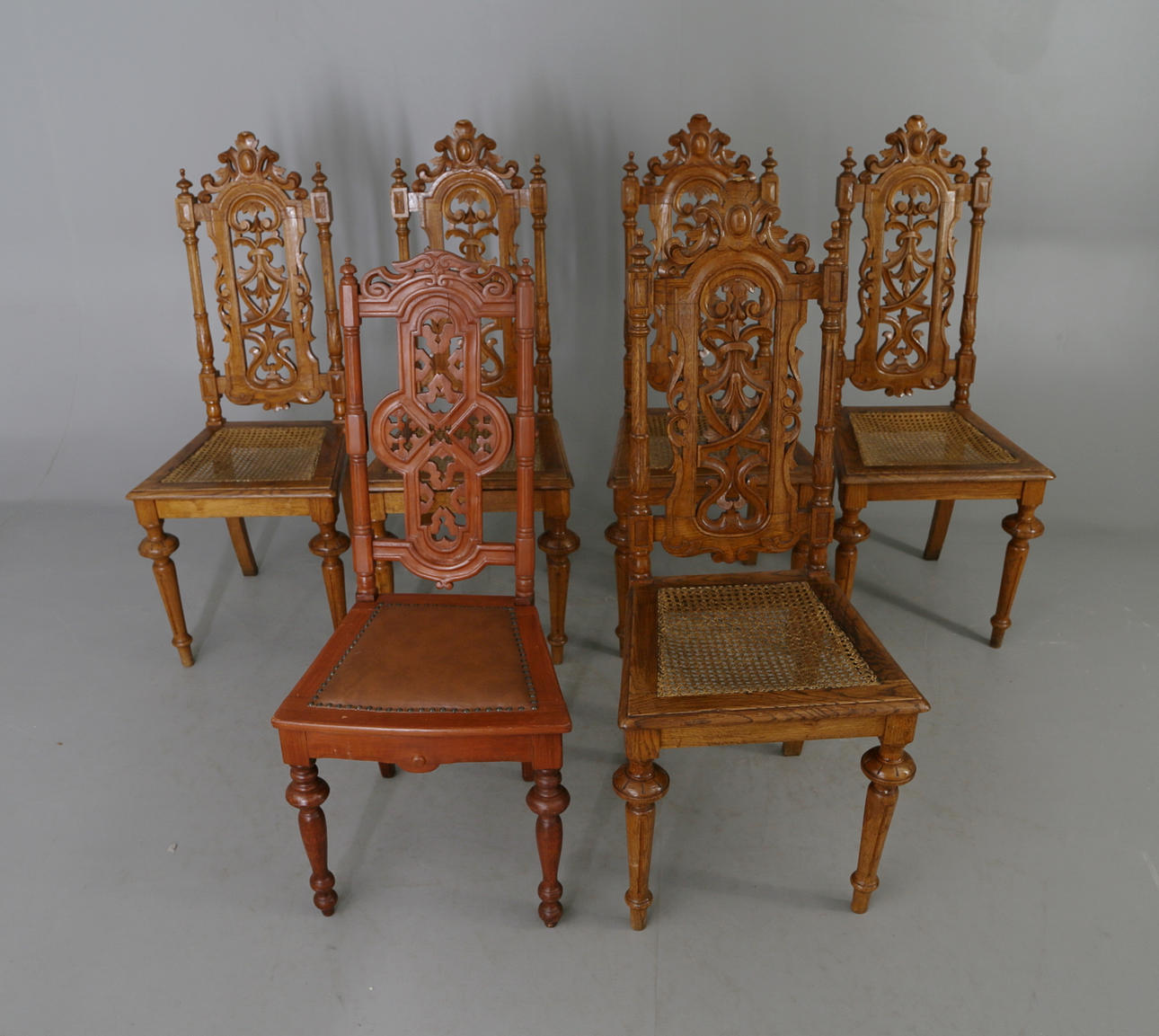 SILLAS, 6 piezas, estilo renacentista, 18/1900.