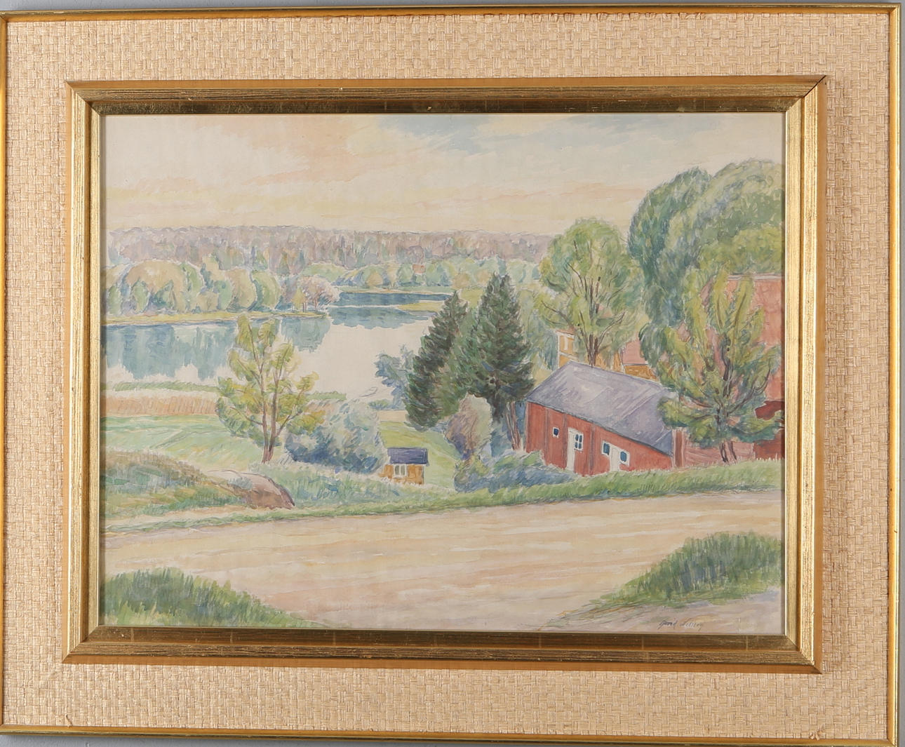 ARVID NILSSON. Landskap med bondgård, akvarell, signerad.