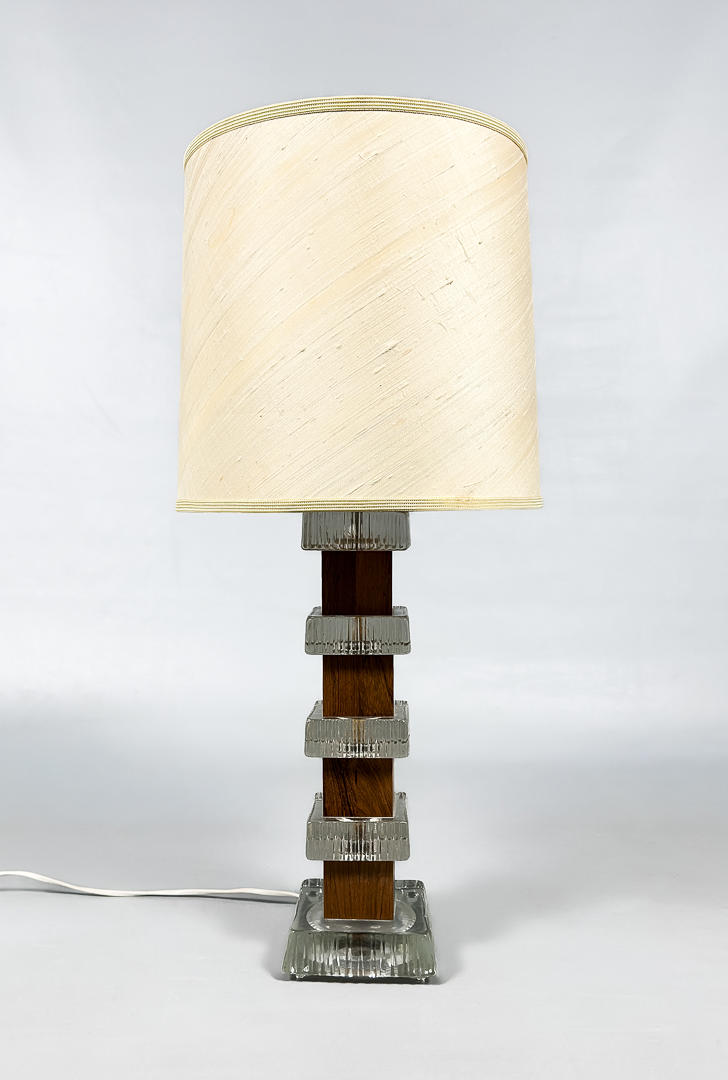TABLE LAMP, teak, glass, 1960s/70s.