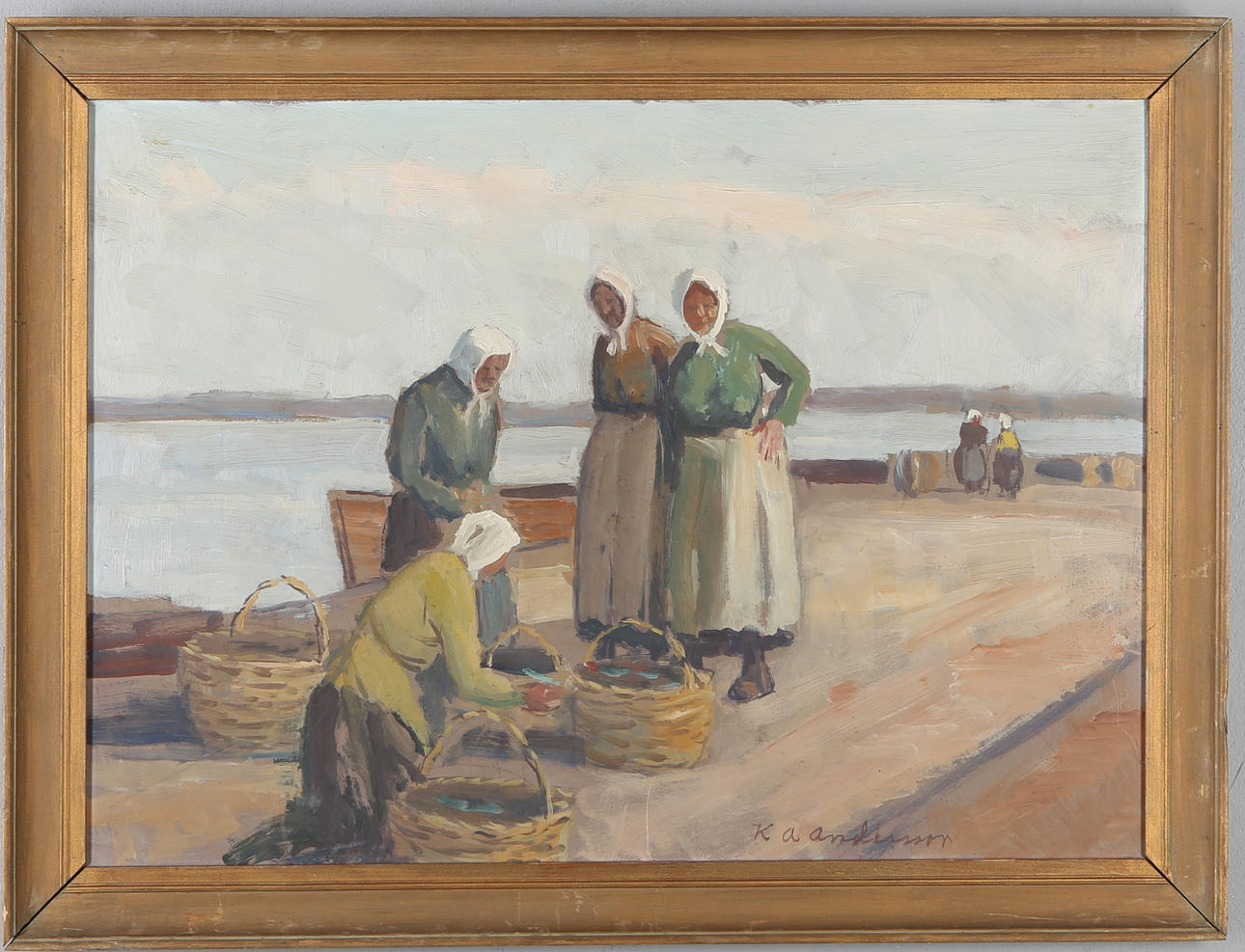 OIDENTIFIERAD KONSTNÄR. Kvinnor vid kaj, olja på pannå, signerad.