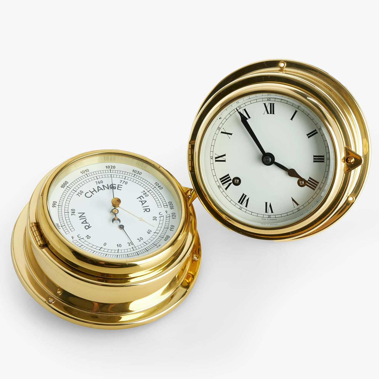 SHIP'S CLOCK, Hermle, and BAROMETER, brass, 20th century.