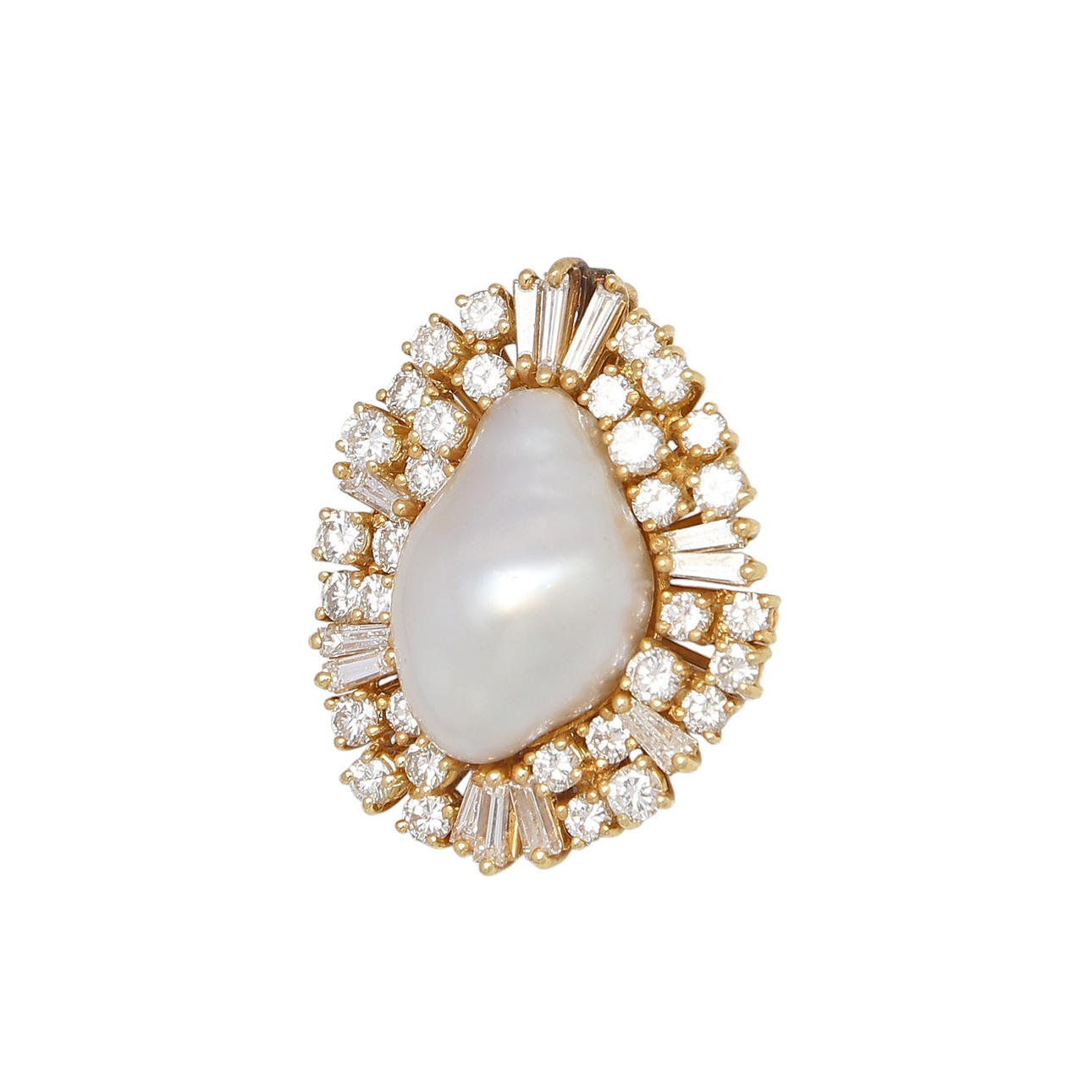 Baroque pearl and diamonds rosette pendant.