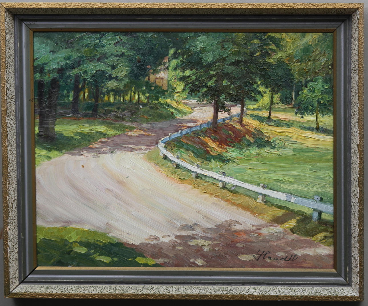 BÉLA HRADIL. Solbelyst landskap med väg. Olja på pannå. Signerad Hradil.