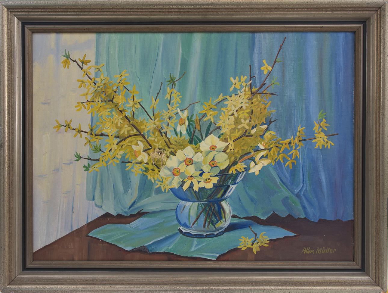 UNBEKANNTER KÜNSTLER. STILLEBEN GULA BLOMMOR, olja på duk, signerad, omkring 1930.