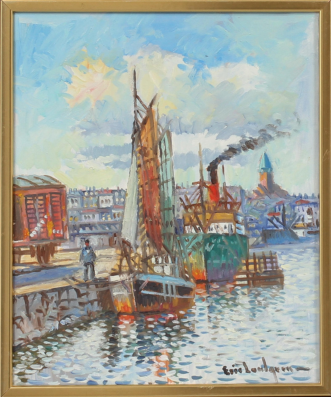 ERIC LUNDGREN. Göteborgs hamn, olja på duk, signerad.