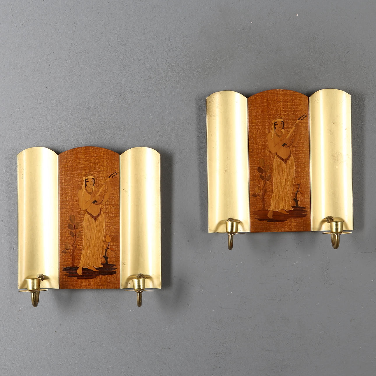 VÄGGLAMPETTER, ett par, art déco, Qvarfordts Intarsia, Mjölby.