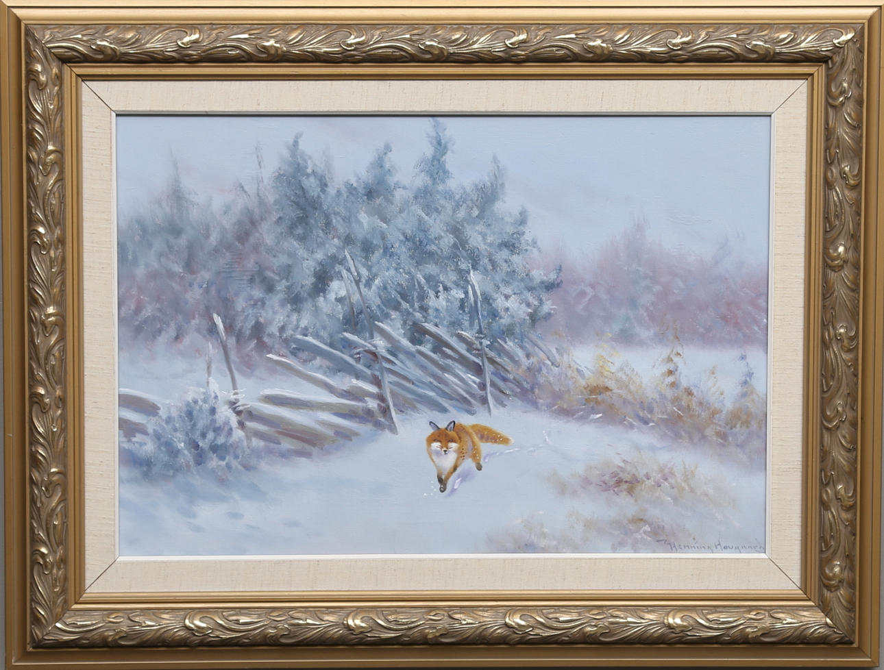 HENNING HOUGAARD. Räv i vinterlandskap. Olja på duk. Signerad.