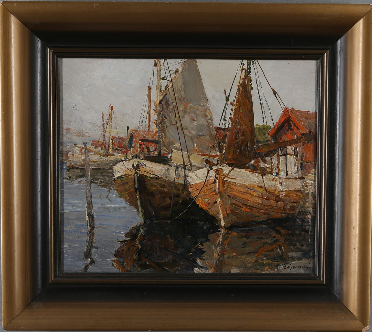 HUGO ÖFVERSTRÖM. Hamnmotiv med båtar, olja på duk, sigenrad.