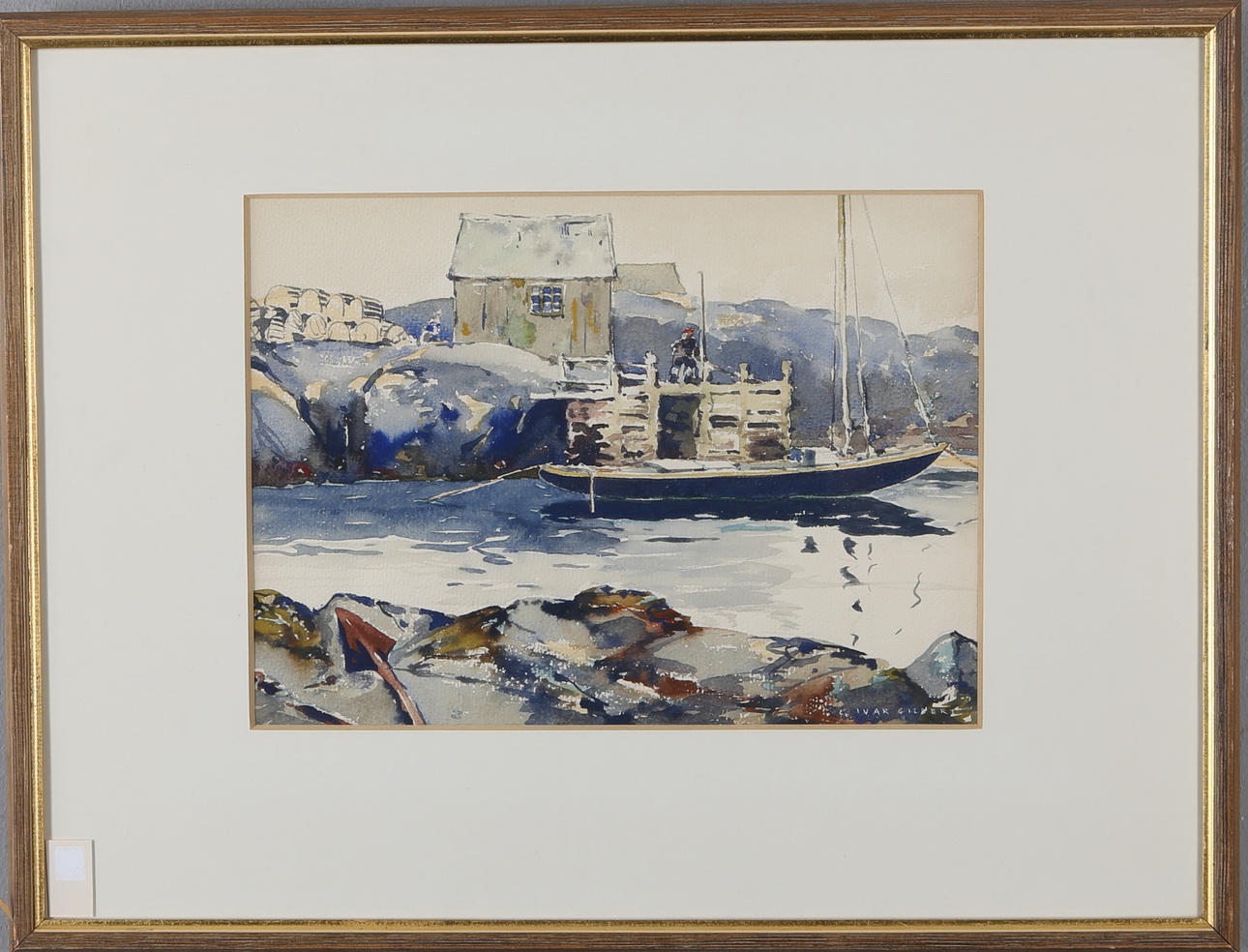 CARL IVAR GILBERT. Fiskebod med båt, blandteknik, signerad.