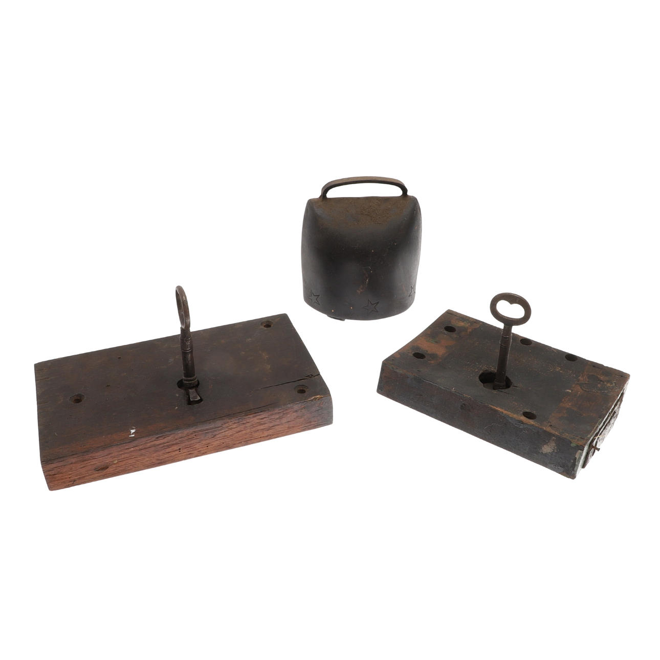TWO LARGE DOOR LOCKS WITH KEYS AND A COW BELL. Miscellaneous ...