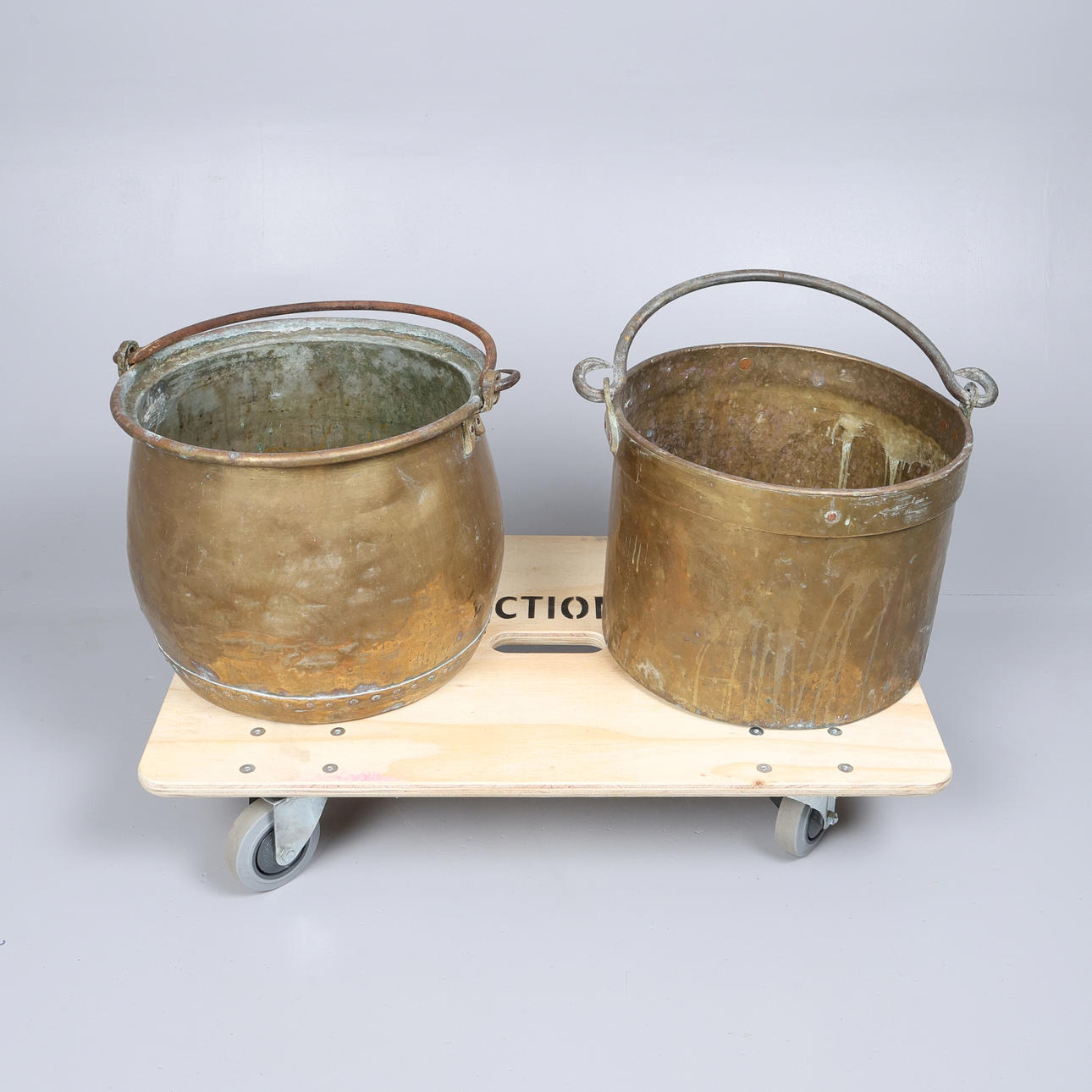 2 LARGE BRASS CAULDRONS OR STOCK POTS.