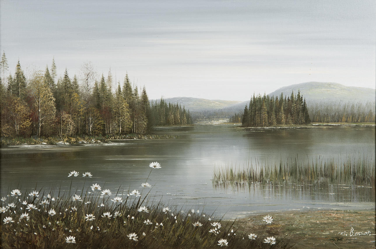 OIDENTIFIERAD KONSTNÄR. Sjölandskap, olja målad på tryck, signerad M. Benson.