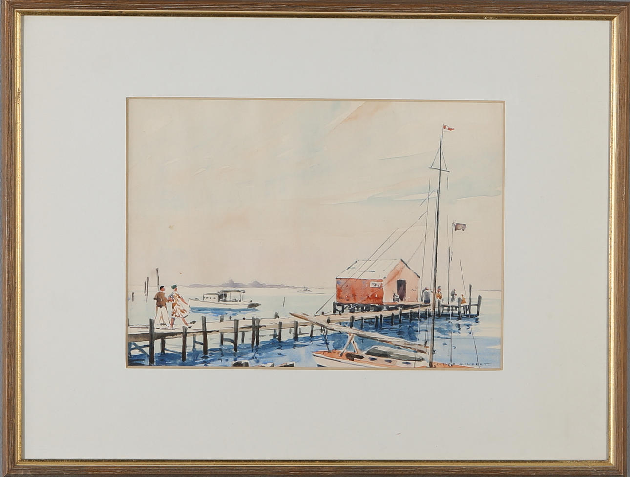 CARL IVAR GILBERT. Människor på pir, akvarell, signerad.