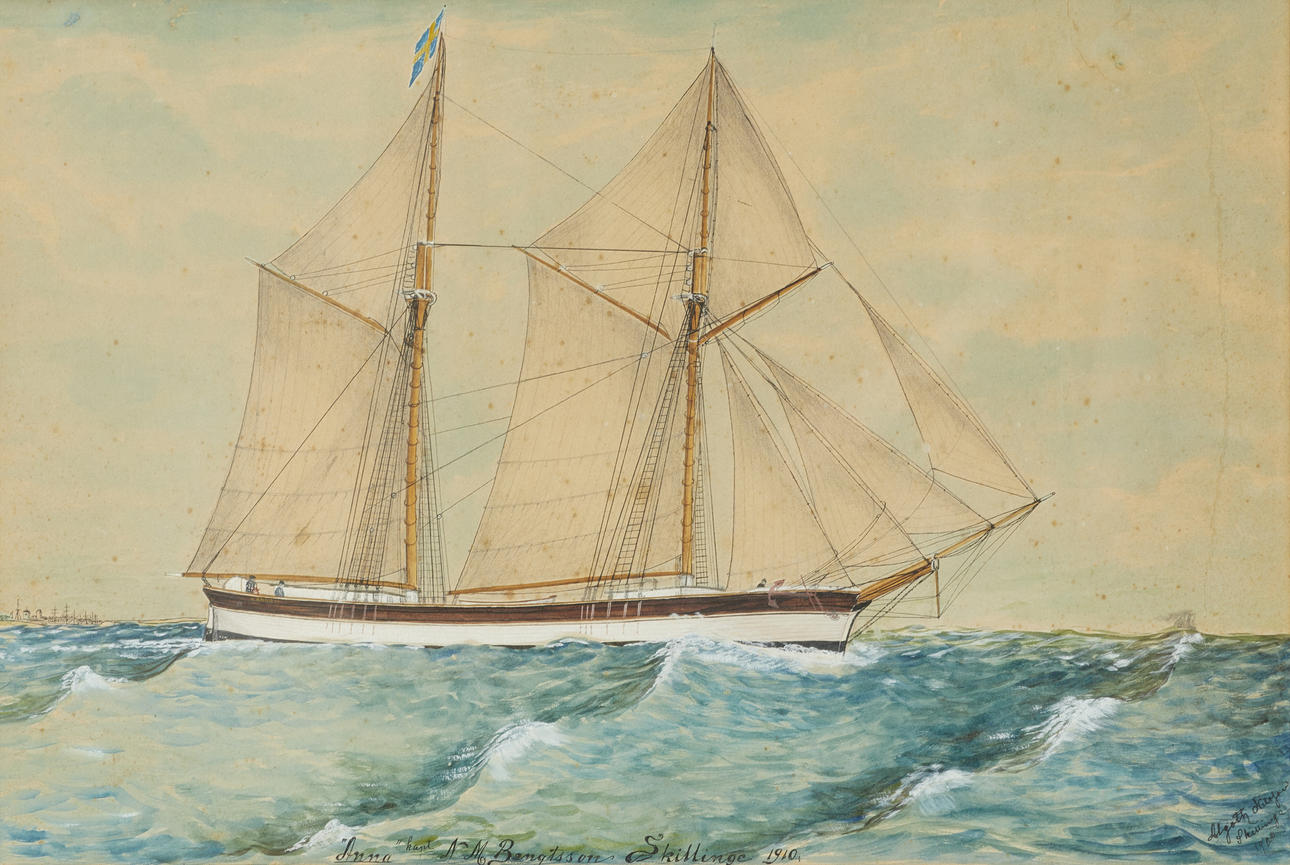 ALGOTH NILSSON (1887-1933). Ship portrait, "Anna, Skillinge", signed, dated 1910, mixed media with watercolour.