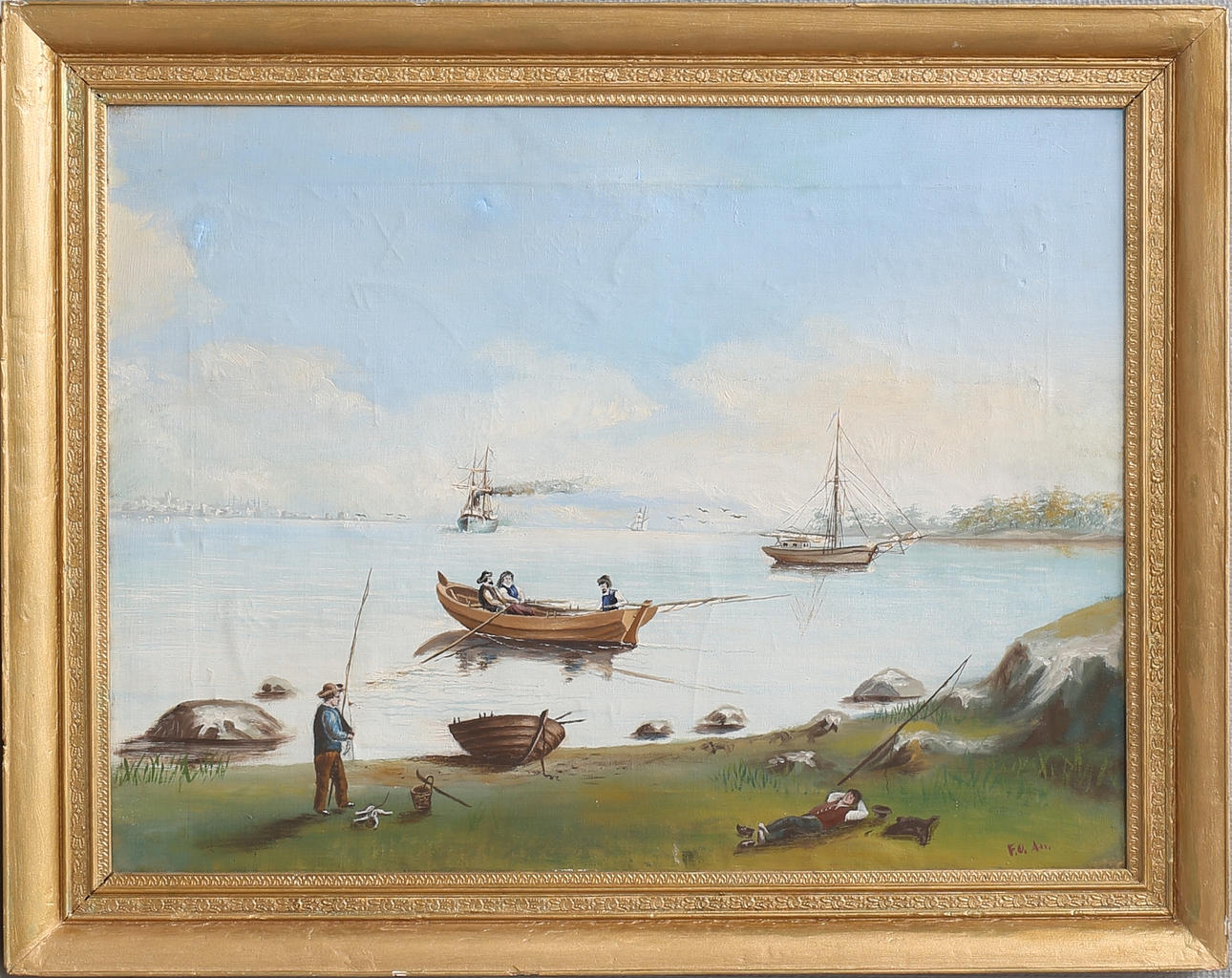 OIDENTIFIERAD KONSTNÄR. Kustmotiv med figurer och båtar. Olja på duk, signerad.
