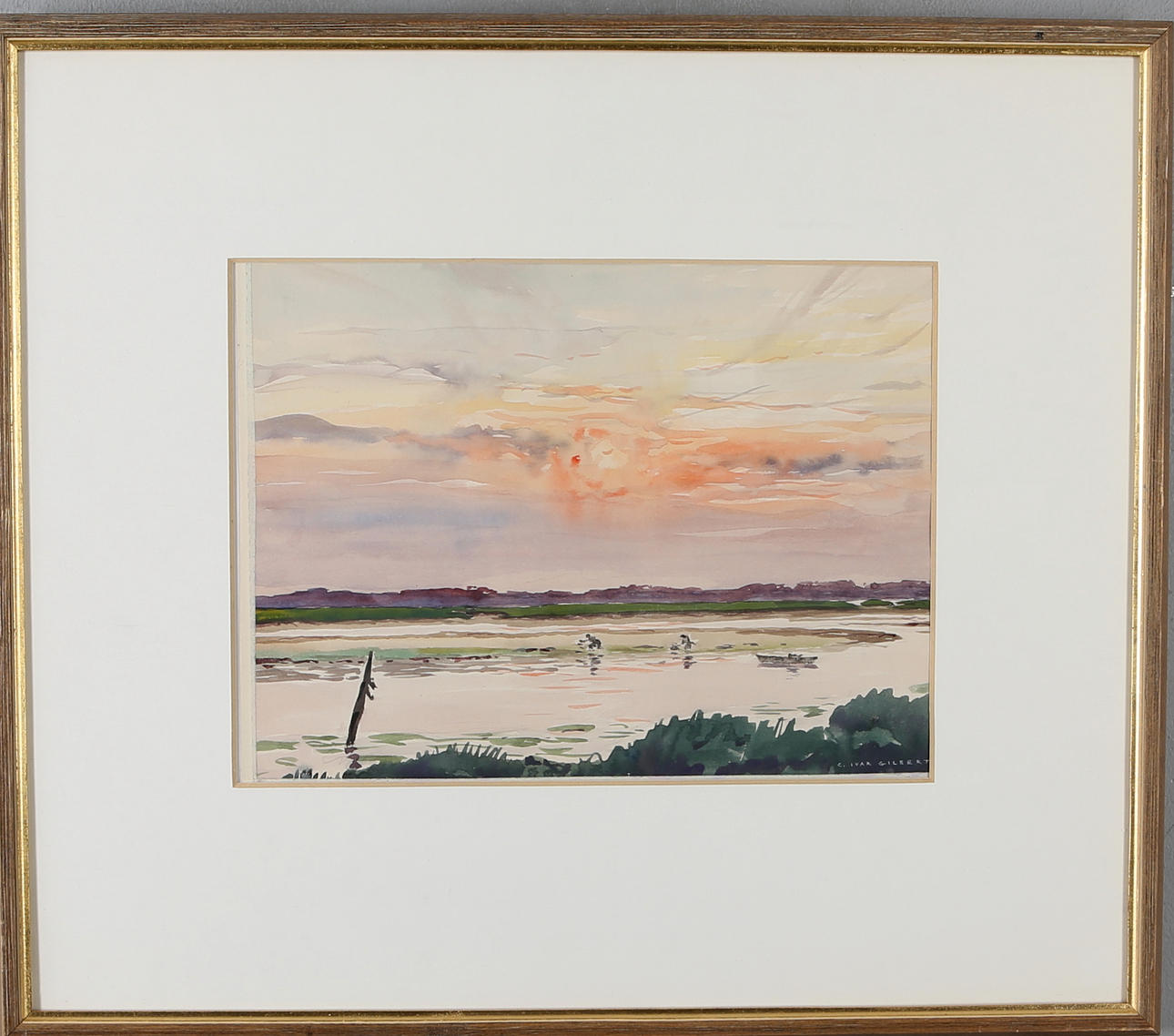 CARL IVAR GILBERT. Fiskare i solnedgång, akvarell/blandteknik, signerad.