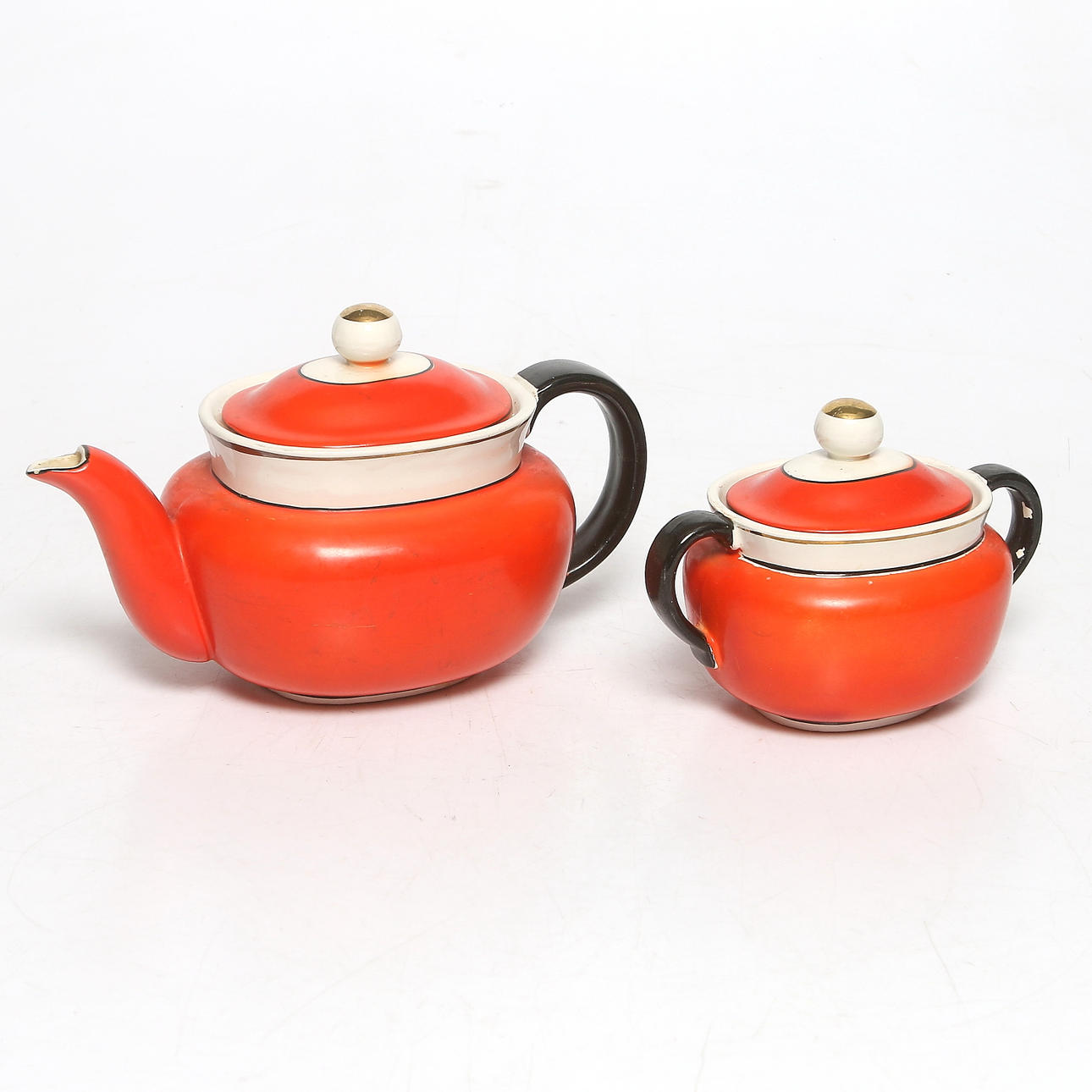 TEKANNA och SOCKERSKÅL, 2 st, porslin, "Karneval", Helmer Ringström, Gefle Porslinsfabrik, 1930/40-tal.