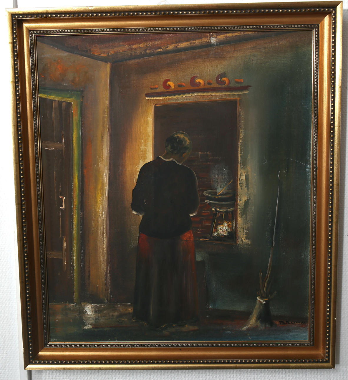 OIDENTIFIERAD KONSTNÄR. Olja på duk, Interiörscen, signerad Bruun.