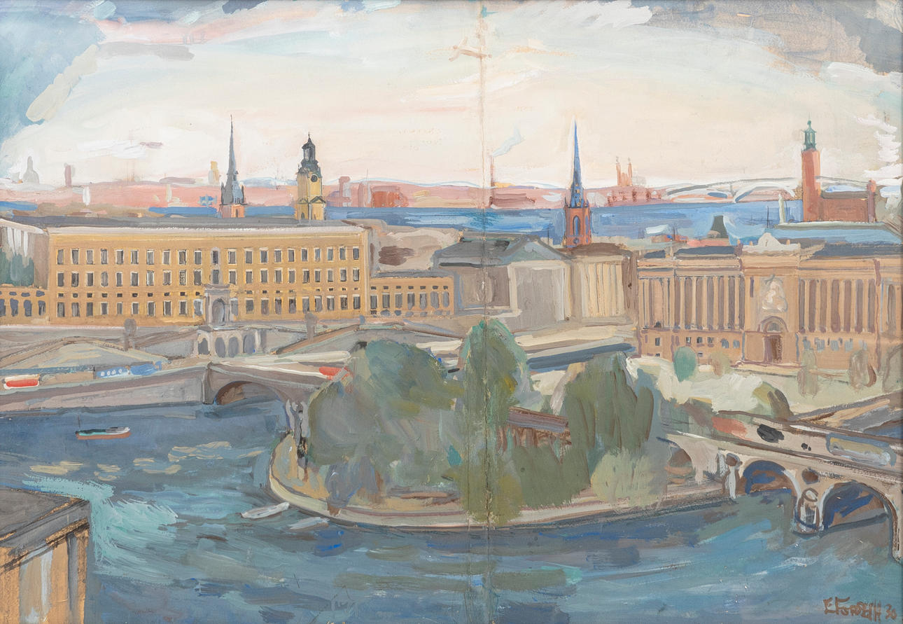 EINAR FORSETH. "Stockholms ström och slott", tempera, signed and dated -30.