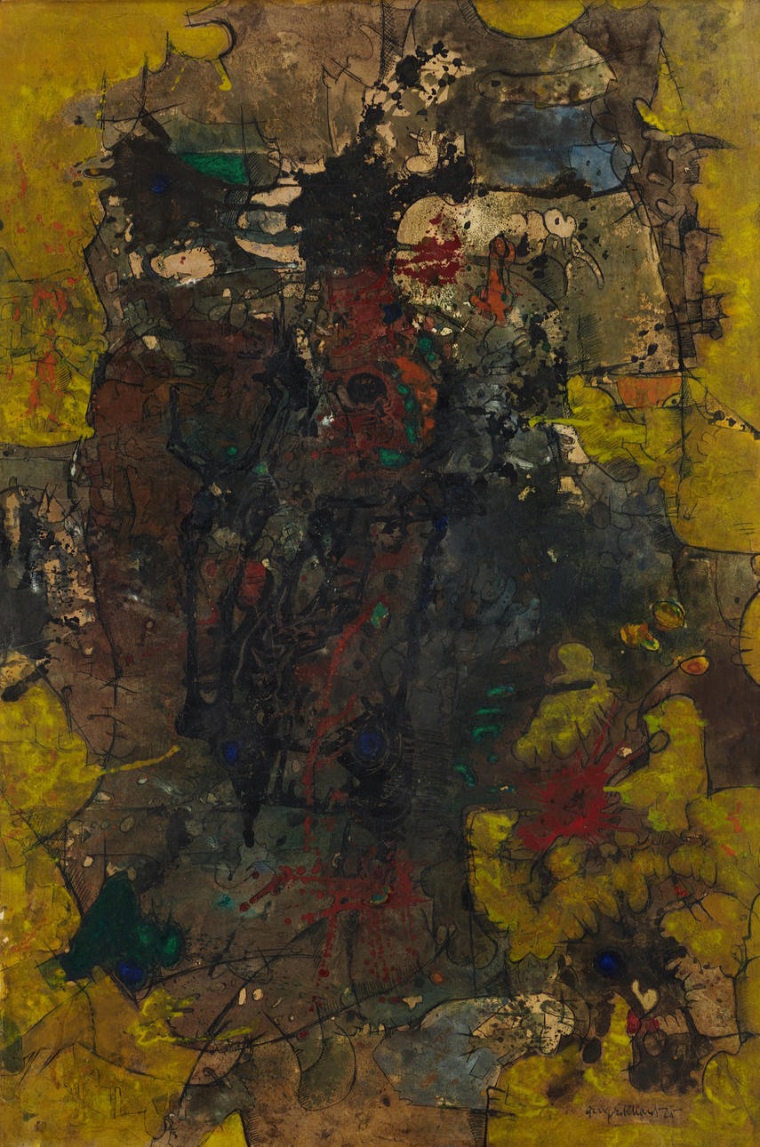 GERHARDT "GERRY" ECKHARDT (LETTLAND/SVERIGE, 1902-1984). Abstract composition, signed, dated -65, mixed media on paper mounted on panel.