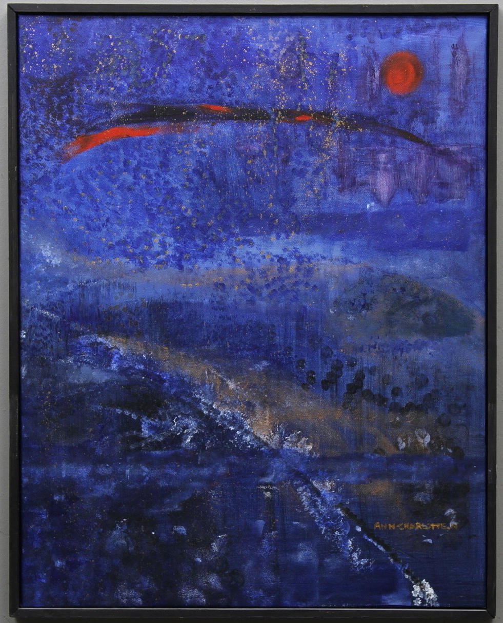 OKÄND KONSTNÄR. Motiv i blå, röda och guldfärg. Olja på duk. Signerad Ann-Charlotte.N.