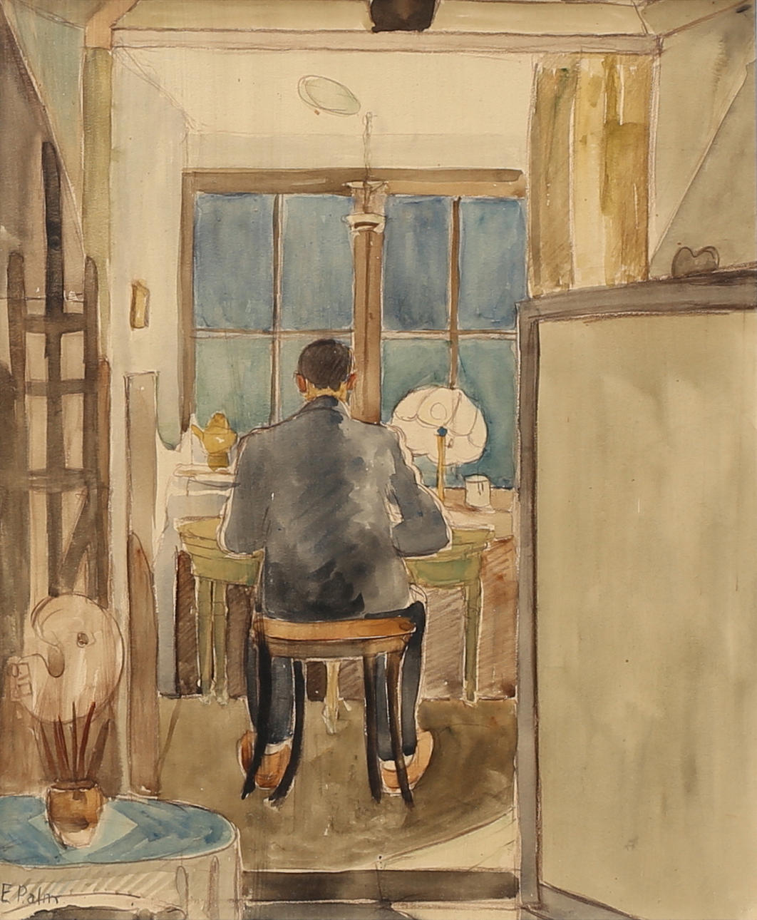 OIDENTIFIERAD KONSTNÄR. "Från ateljén". Blandteknik på pannå, signerad E. Palm.