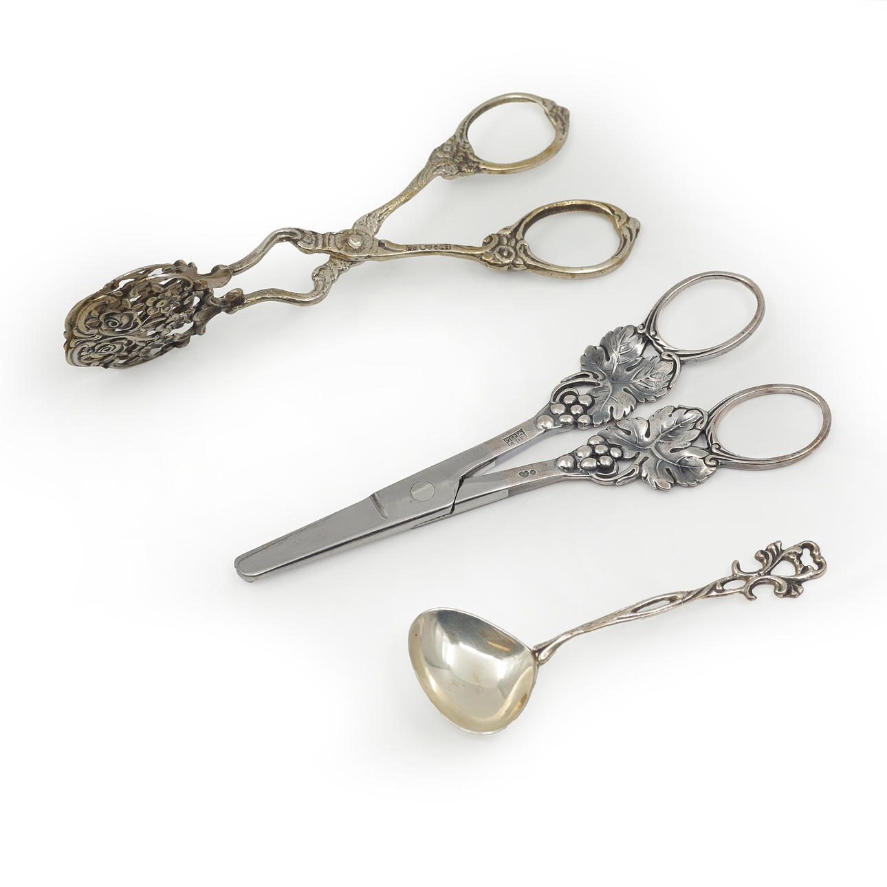 GRAPE SCISSORS, CAKE TONGS AND SPOON, SILVER, SWEDEN.