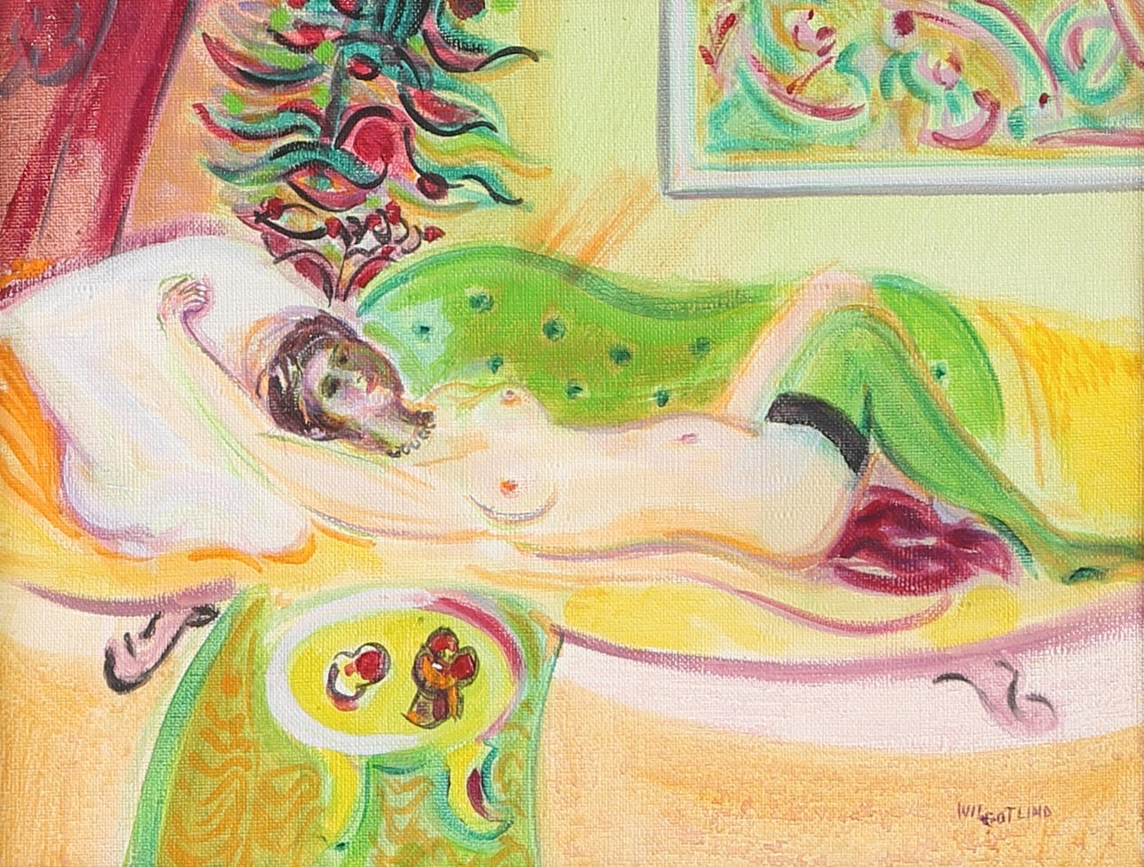 WILGOT LIND. "I gröna canapén". Olja på duk, signerad.