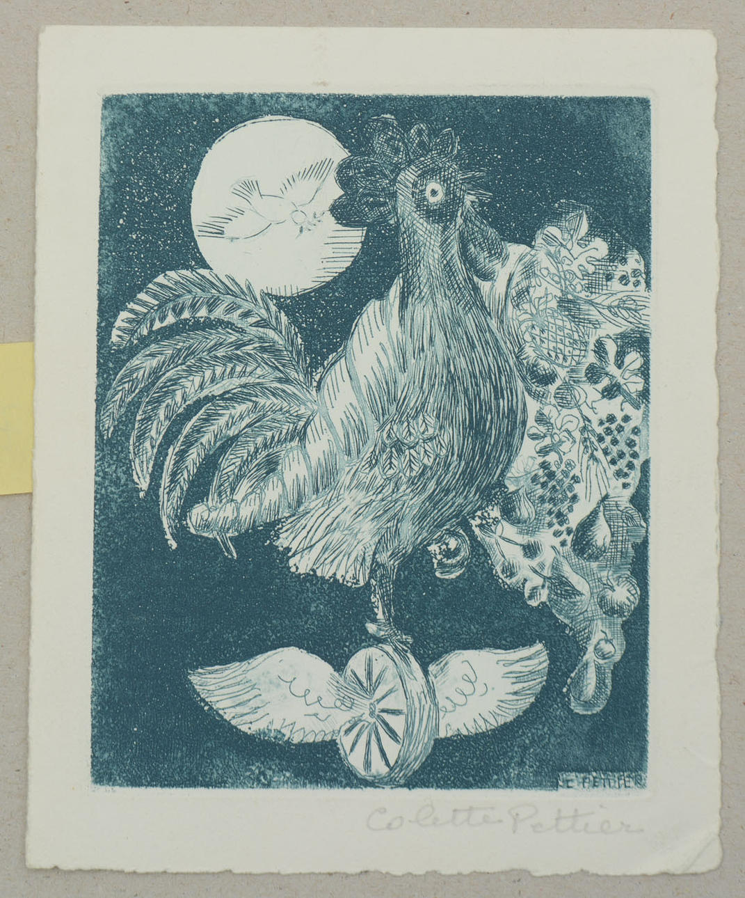 COLETTE PETTIER. Colour etching. Rooster.