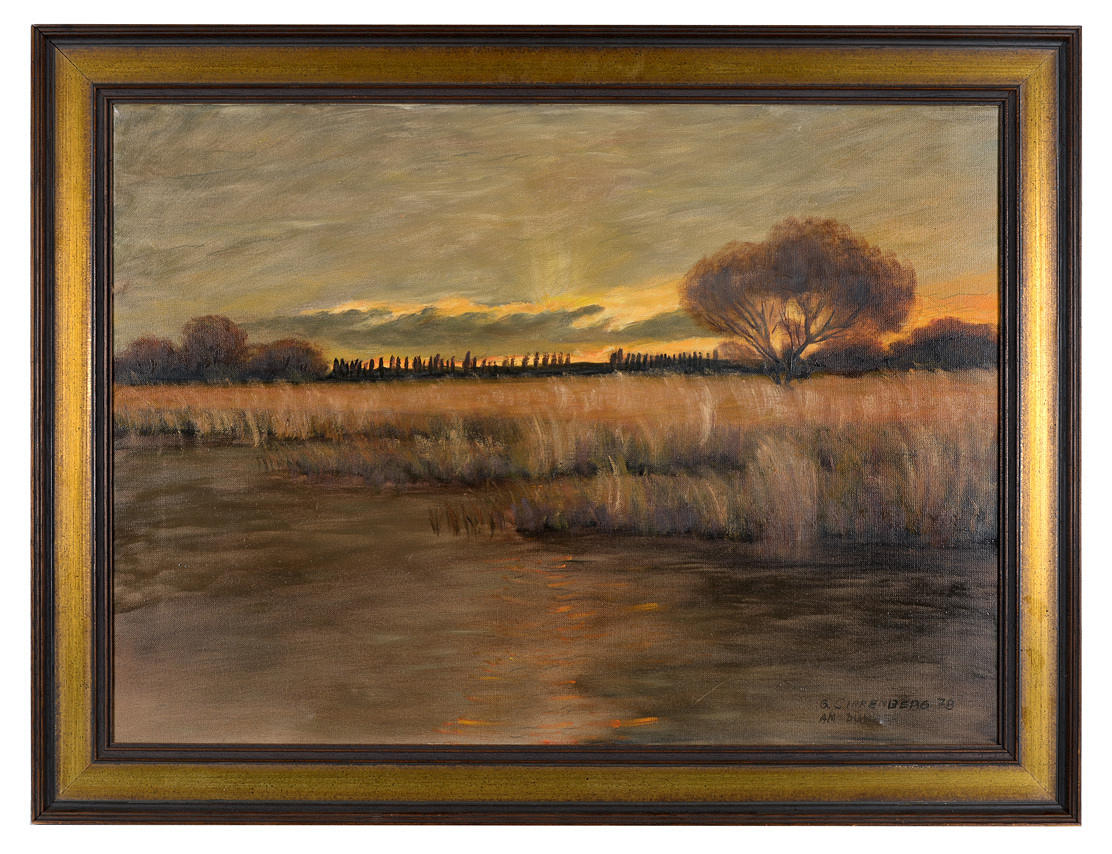 UNBEKANNTER KÜNSTLER. Solnedgång på sjön Dümmer Se.