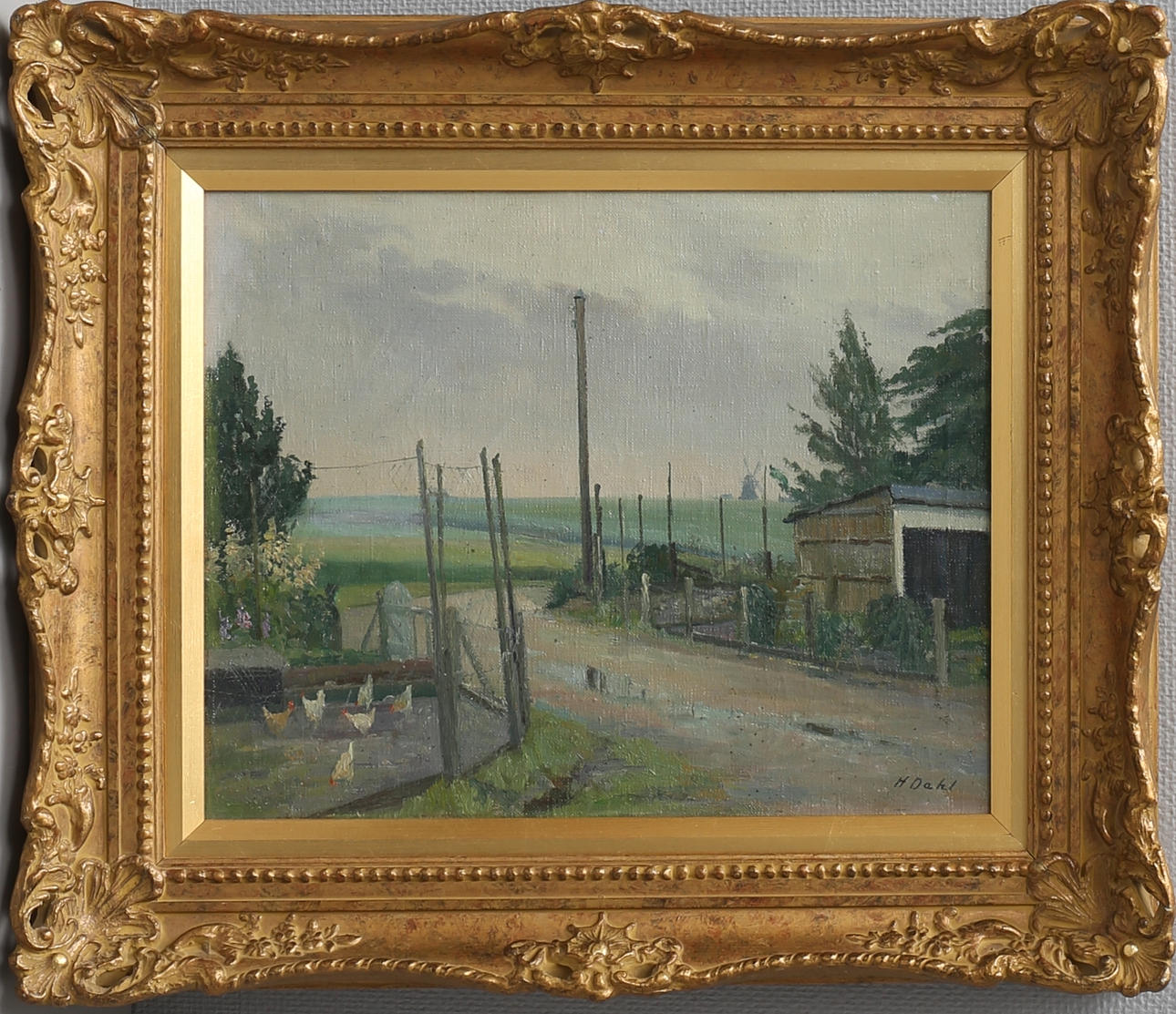 OIDENTIFIERAD KONSTNÄR. Gårdsmotiv med höns. Olja på duk, signerad H. Dahl.