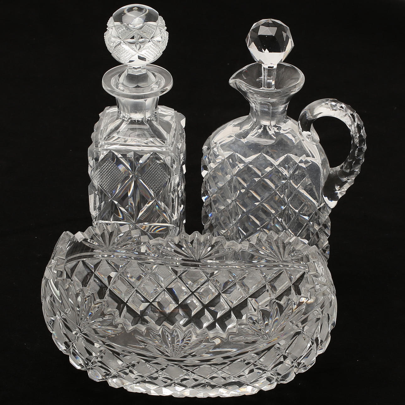 KARAFFER, 2 st. SKÅL. Glas.