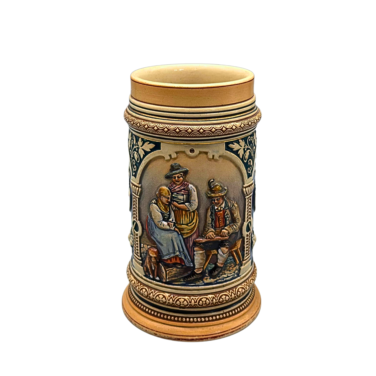 CERAMIC BEER STEIN WITH RELIEF DECOR.