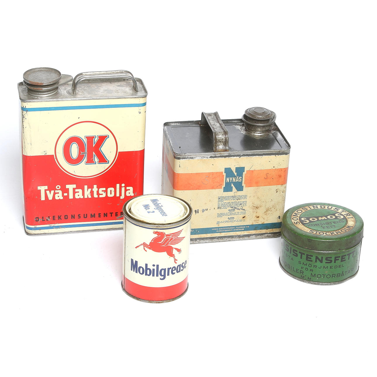 DUNKAR och BURKAR, 4 st, plåt, OK och Nynäs Ajcol, 1900-talets mitt.