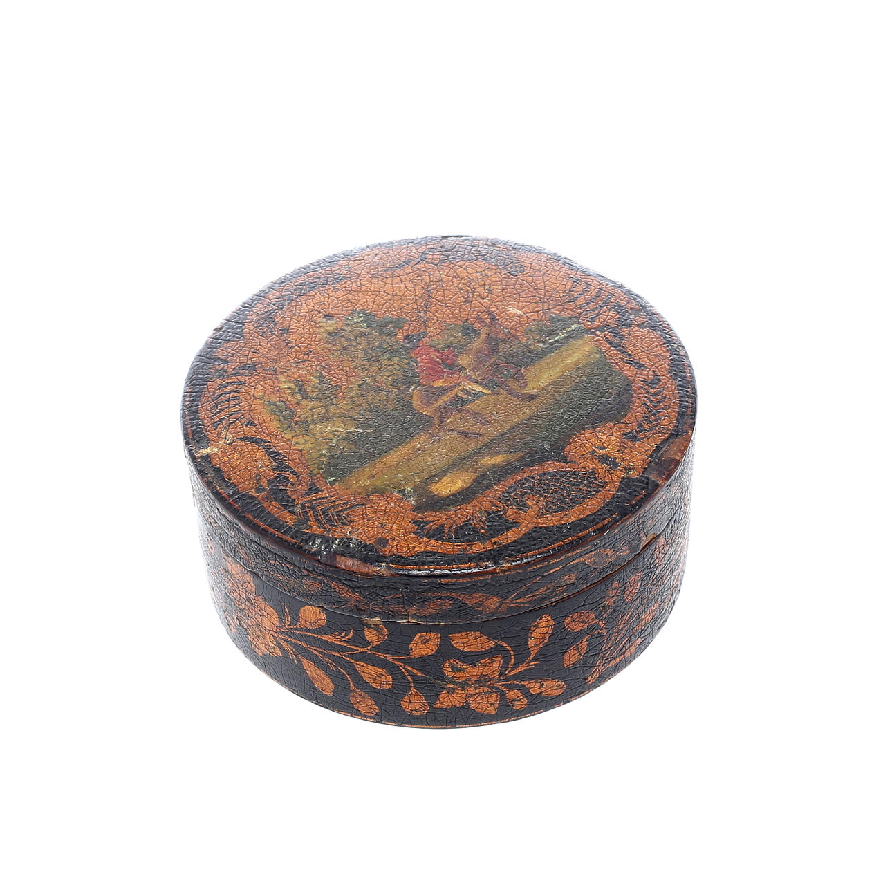 SNUSDOSA, papier mâché, sannolikt England, tidigt 1800-tal.