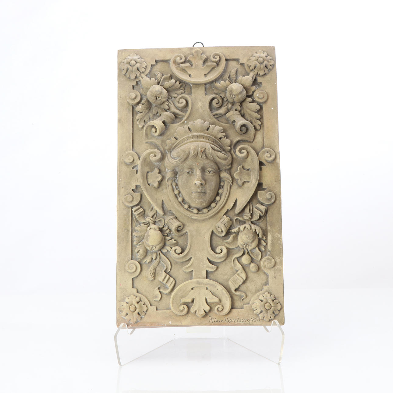 ALBIN HAMBERG. DECORATIVE ELEMENT, HÖGANÄS. Unglazed ceramic. Signed and dated 1899.