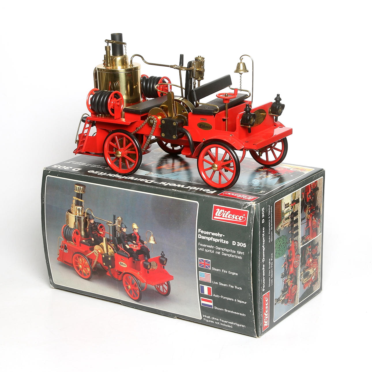 ÅNGMASKIN, LEKSAKSBIL modell D305, ångbrandbil, plåt och mässing, Wilesco, Västyskland, 1900-tal.