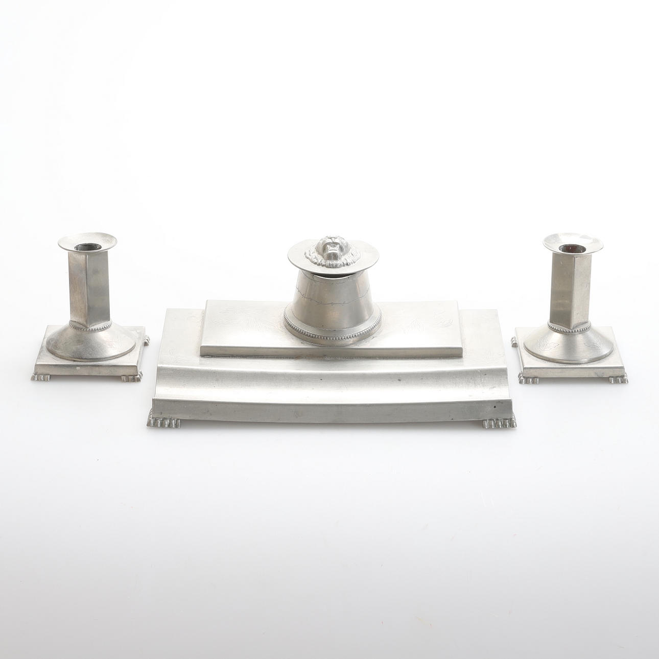 CANDLESTICKS, 2 pcs. DESK SET. Pewter, 1930s.
