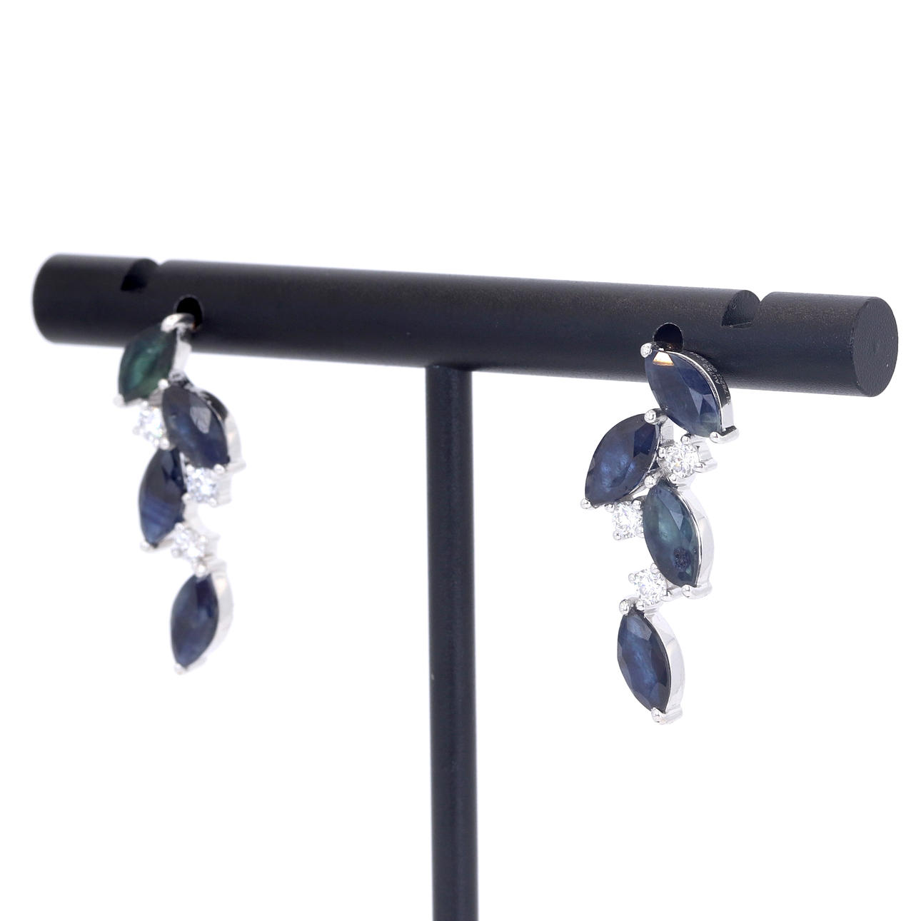 18CT SAPPHIRE AND DIAMOND DROP EARRINGS.