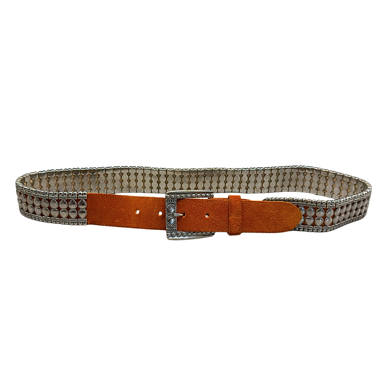 ORANGE LEATHER BELT WITH STUDDED DESIGN.