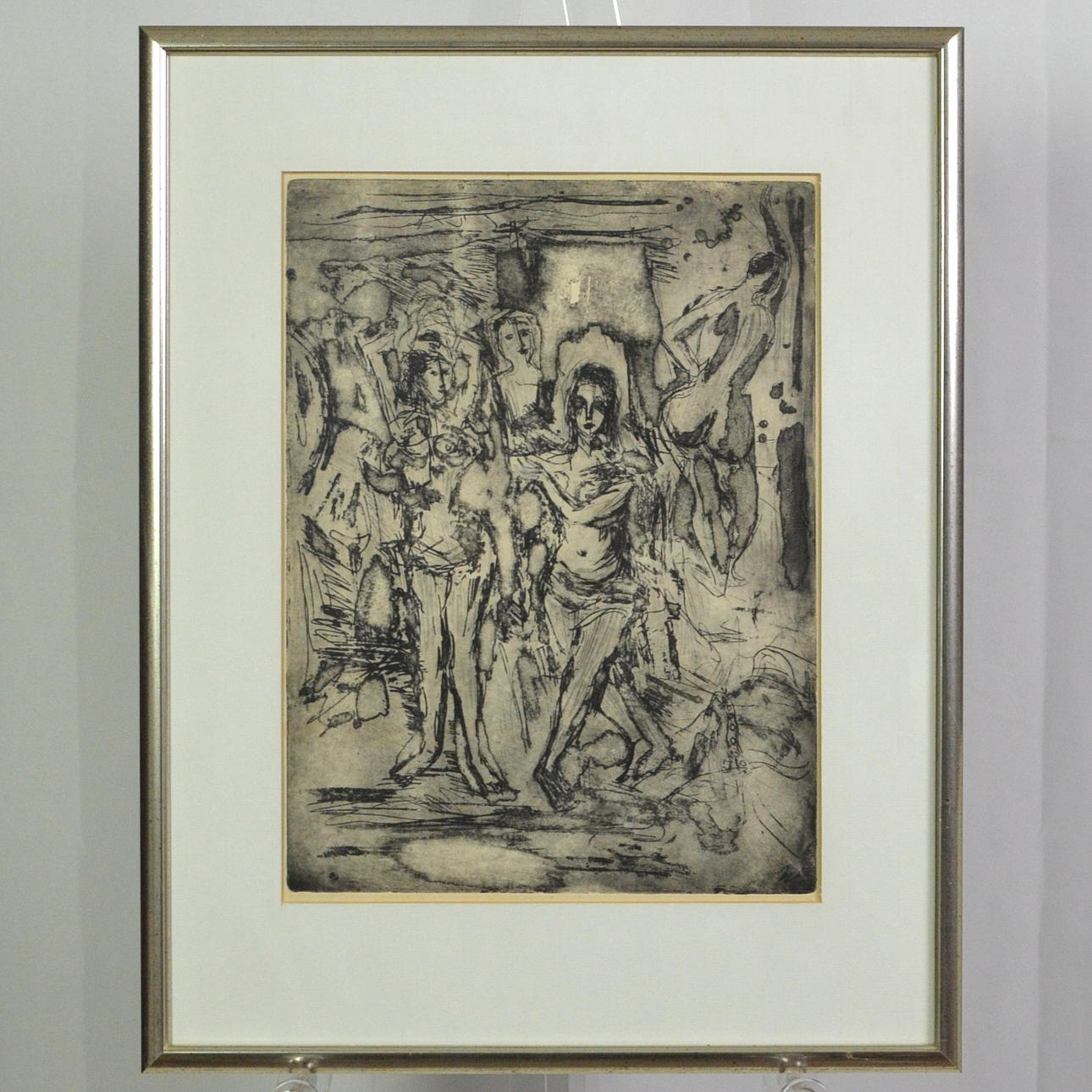 GROUP SCENE, ETCHING, MONOGRAMMED "W", 20TH CENTURY.