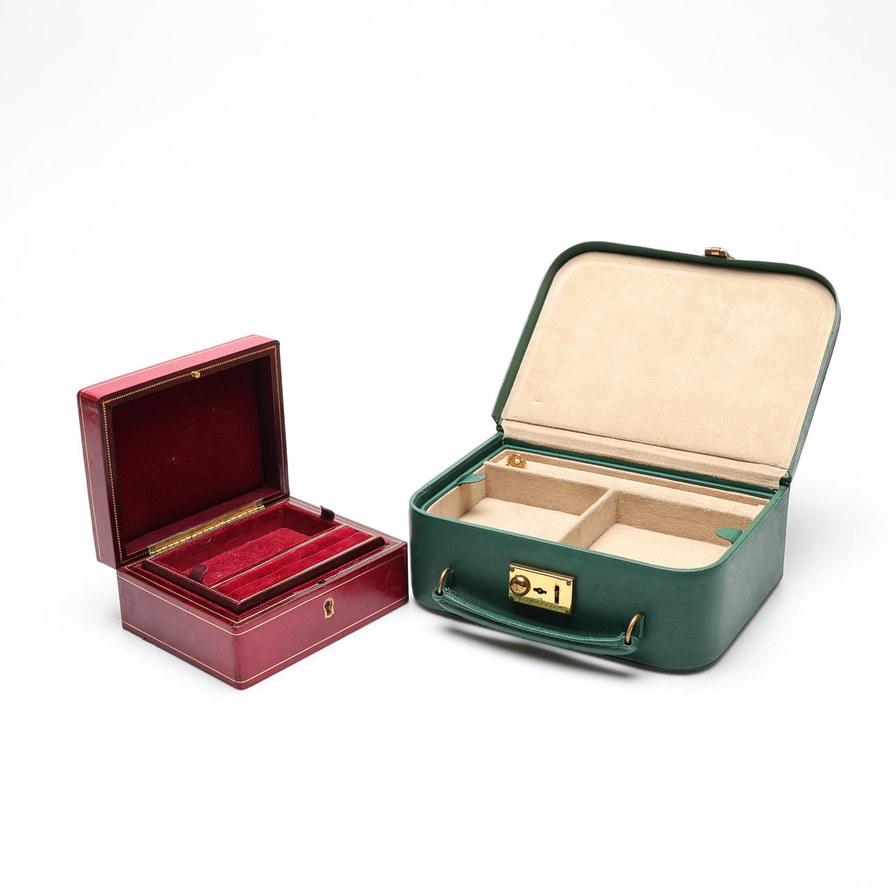 JEWELLERY BOXES, 2 pcs, first half/mid-20th century. Leather.