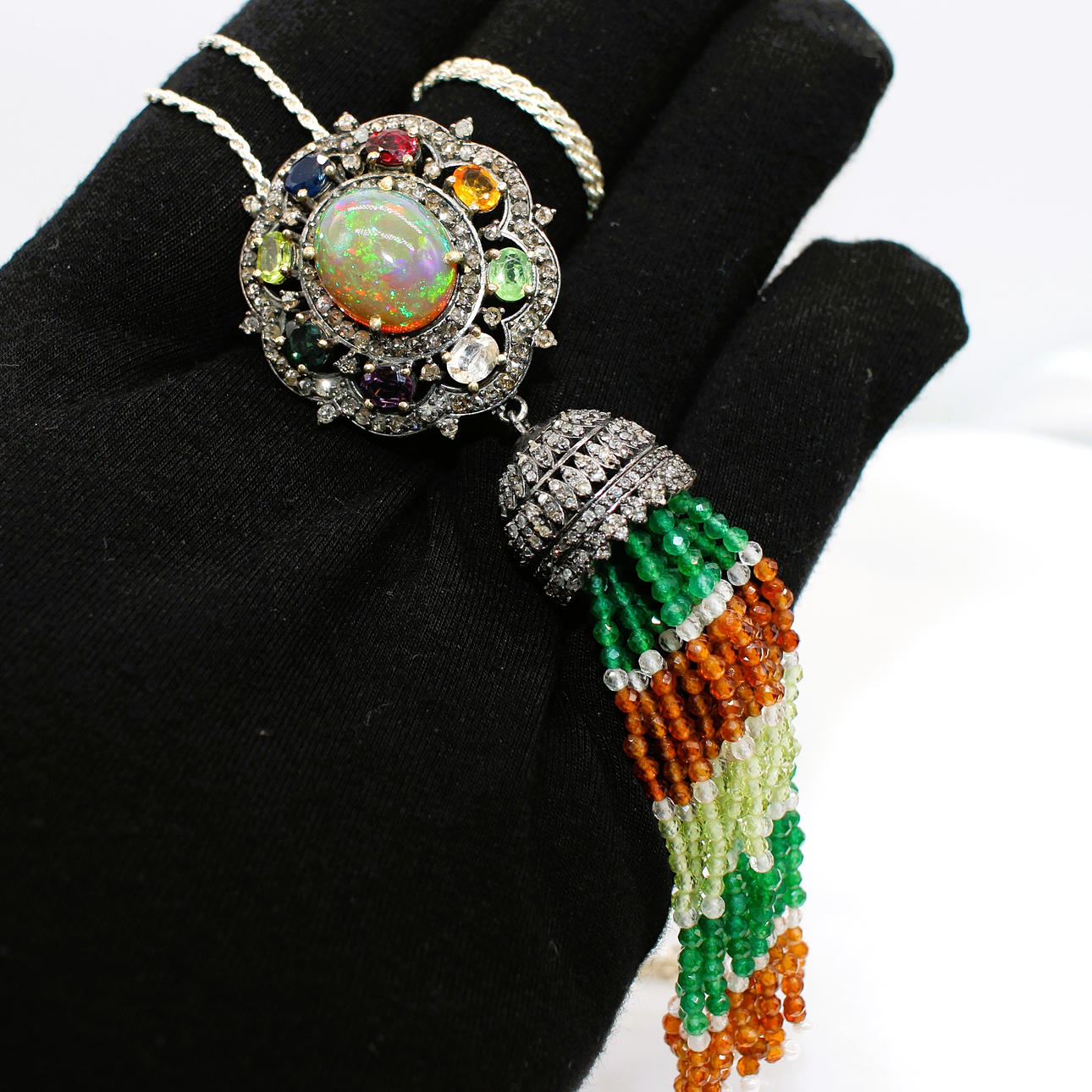 OPAL, SAPPHIRE & DIAMOND CHANDELIER NECKLACE.