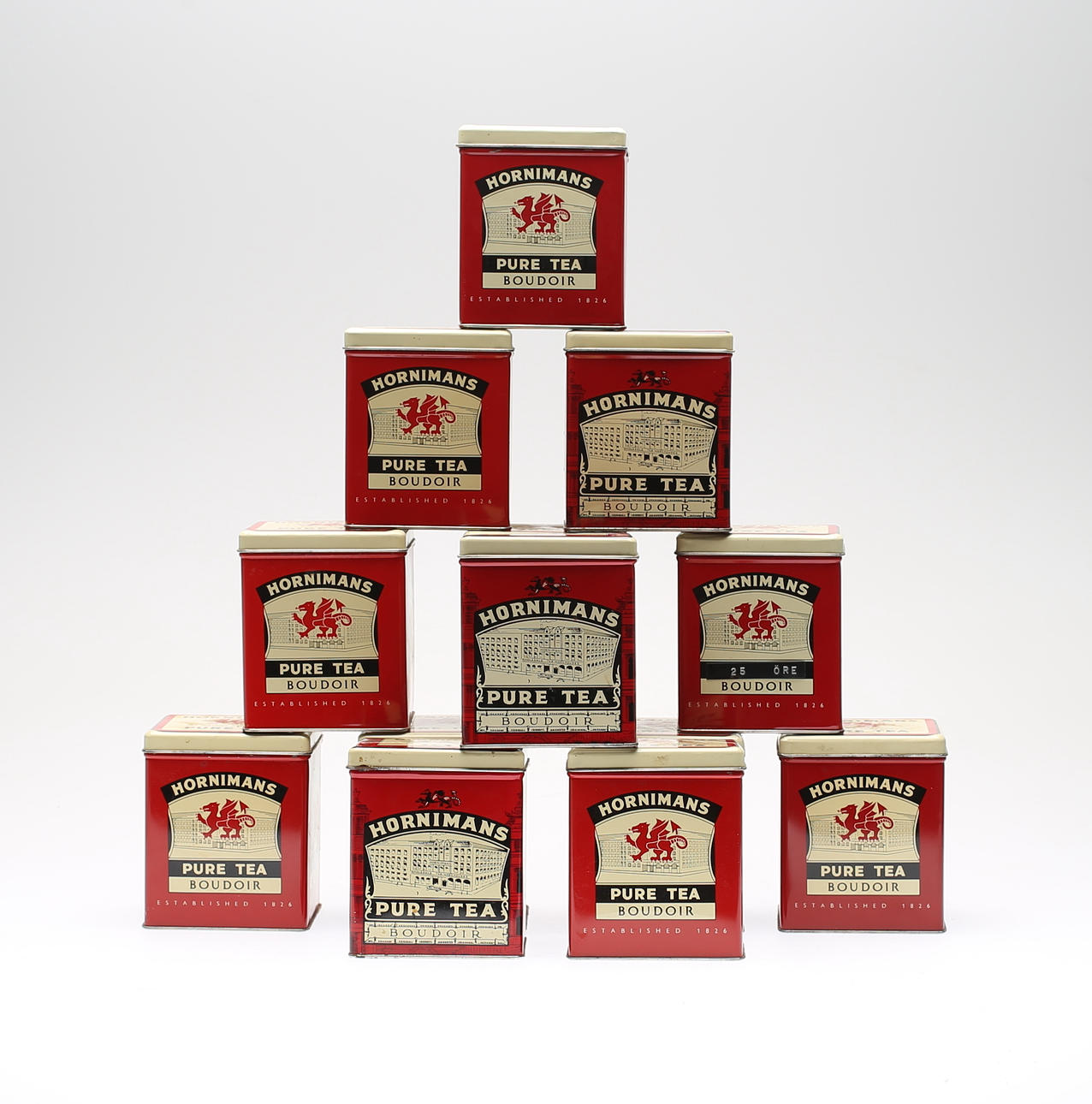 TEBURKAR, 13 st, plåt, 'Hornimans Pure Tea', 1900-talets mitt.
