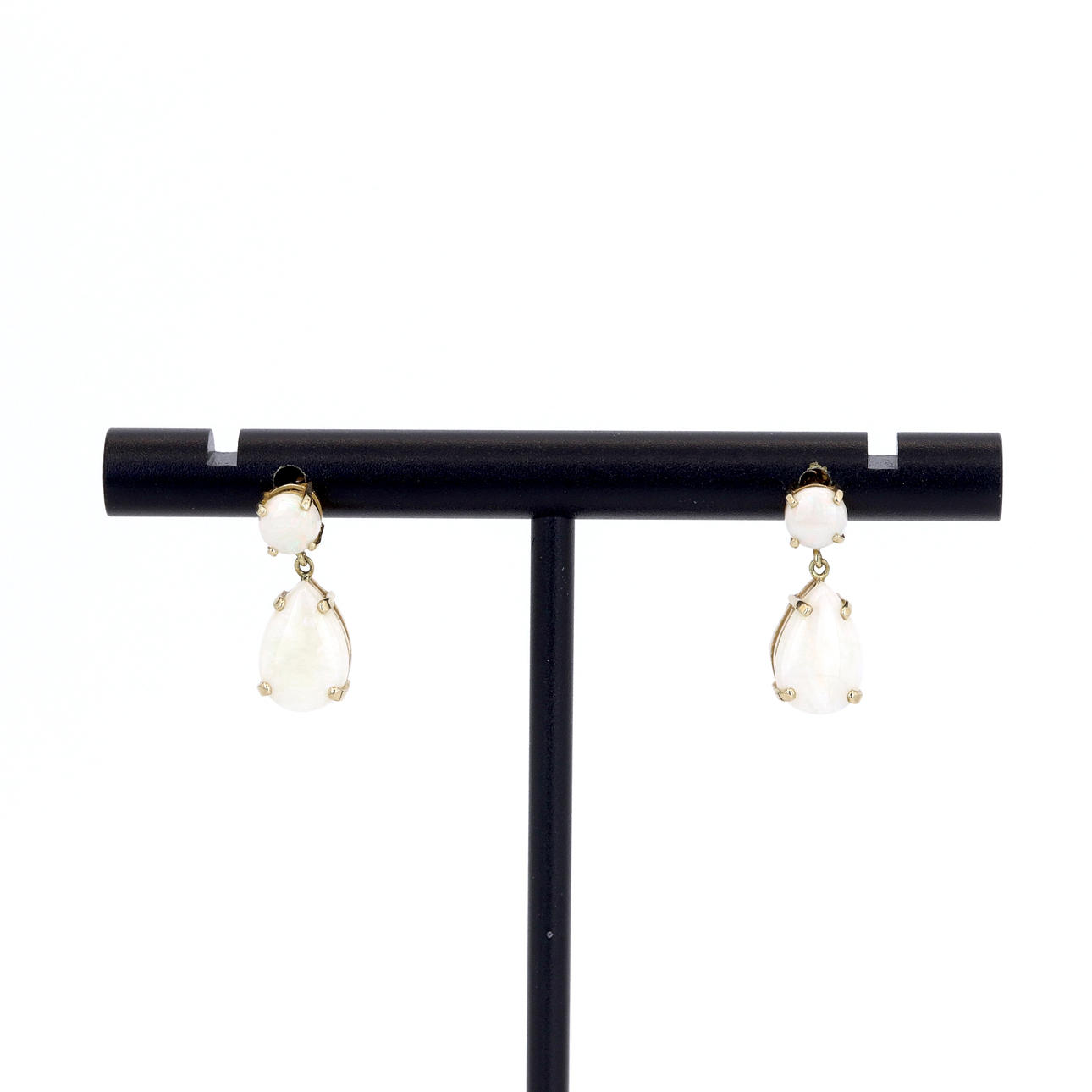 9CT GOLD OPAL DROP EARRINGS.